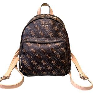 GUESS Mini Backpack Brown Logo Print Faux Leather Monogram Bag